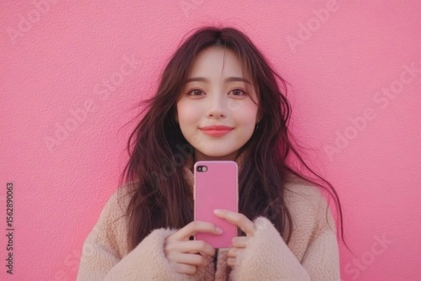 Obraz Young asian woman recording herself interview video via smartphone for her vlog, Generative AI