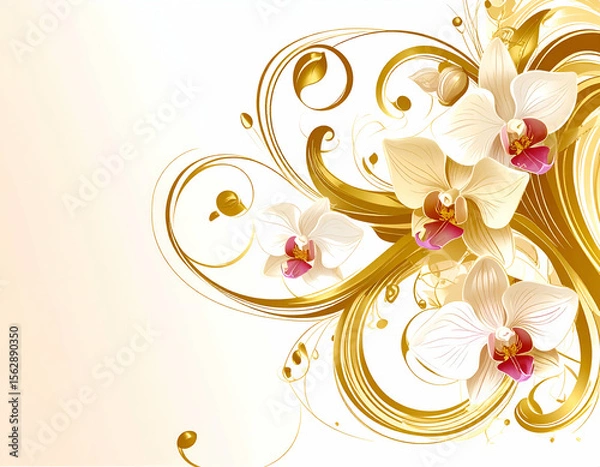 Fototapeta Elegant floral design featuring orchids with golden swirls on a soft background.