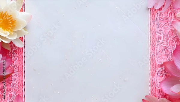 Fototapeta A blank canvas surrounded by pink and white flowers, ideal for creative projects.