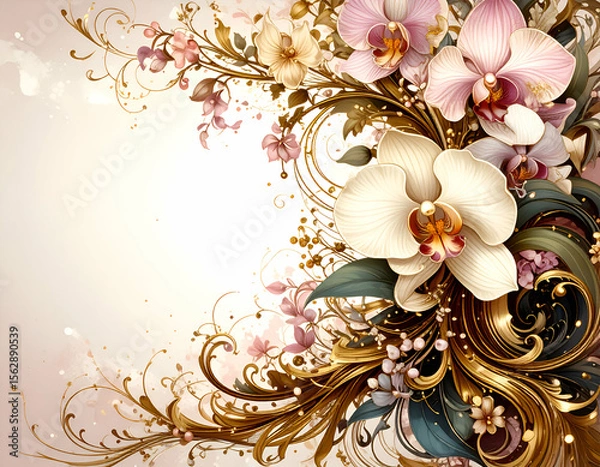 Fototapeta A decorative floral design featuring orchids and elegant swirls.