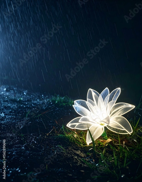 Fototapeta A glowing lotus flower illuminated in the rain, enhancing a serene outdoor atmosphere.