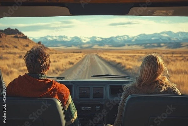 Obraz Friends on a road trip traveling by car, enjoying their adventure and taking in the beautiful scenery during their journey, Generative AI