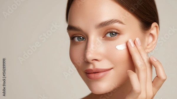 Fototapeta Model applying skincare cream on her face with gentle smile, showcasing clean and fresh look