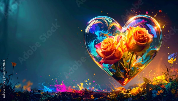 Fototapeta A vibrant heart-shaped glass encasing roses, surrounded by colorful splashes.