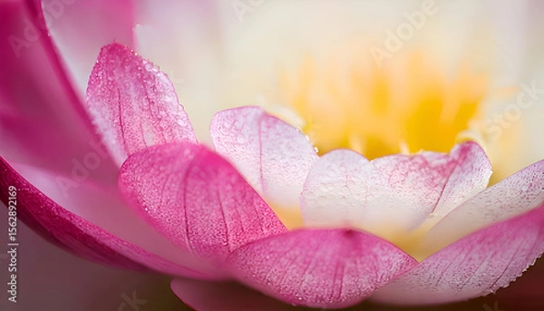 Fototapeta Close-up of a pink and white lotus flower with dew drops.