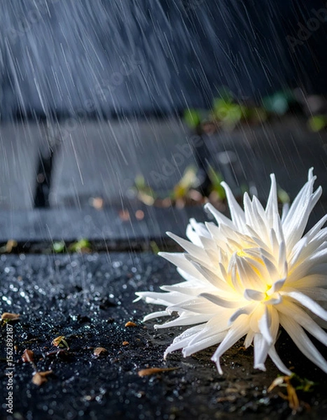 Fototapeta A white flower illuminated by rain, resting on a wet surface.