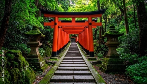 Fototapeta 社の朱色の鳥居と石段が続く神秘的な参道風景