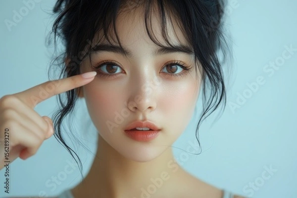Obraz Lack of sleep problem,  Worried Asian young woman pointing finger at dark circles under her eyes, Generative AI