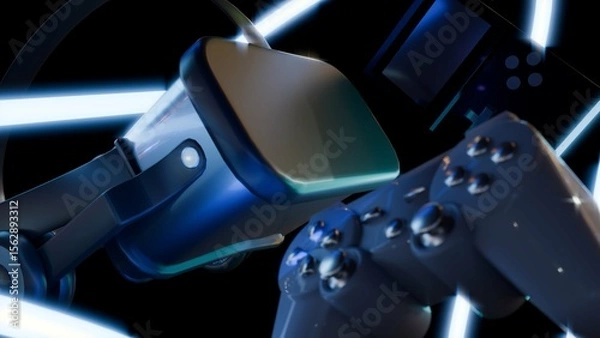 Fototapeta A 3d rendering of a three distinct pieces of gaming technology, a game controller, a virtual reality (VR) headset and a handheld gaming console.