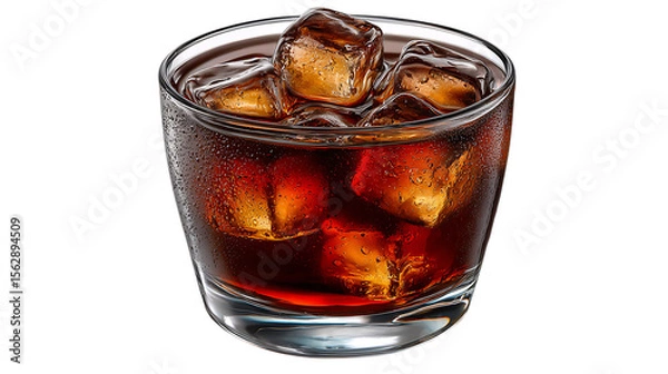 Fototapeta Refreshing glass of dark soda with ice cubes and condensation isolated on transparent background