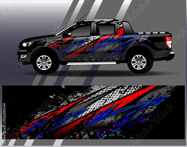 Obraz Car wrap design vector. Graphic abstract stripe racing background designs for vehicle, rally, race, adventure and car racing livery