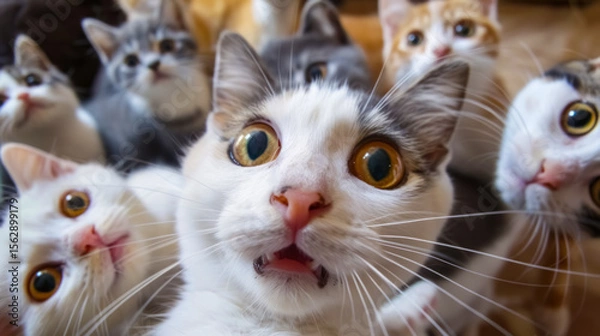 Fototapeta A group of curious cats staring directly at the camera with wide, surprised eyes, captured in a humorous and chaotic moment.