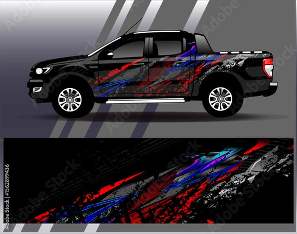 Obraz Car wrap design vector. Graphic abstract stripe racing background designs for vehicle, rally, race, adventure and car racing livery