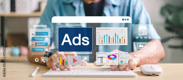 Fototapeta Digital marketing dashboard interface with ads panel, AI chatbot, video content, e-commerce, and analytics tools. Concept of online advertising and automation in business.