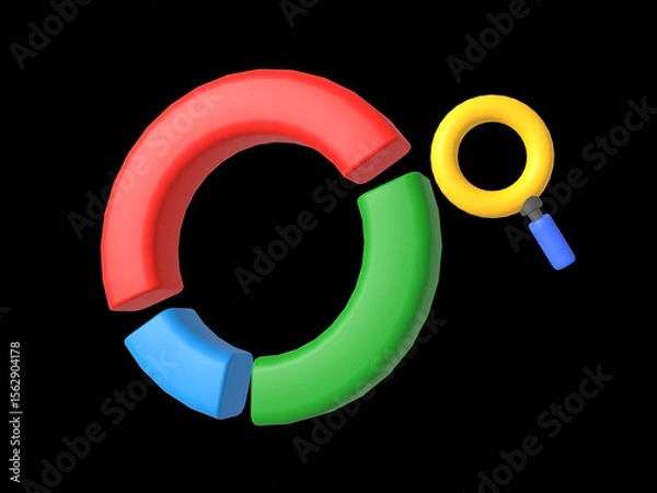 Fototapeta Pie diagram 3d icon with magnifying glass. Isolated object on a transparent background