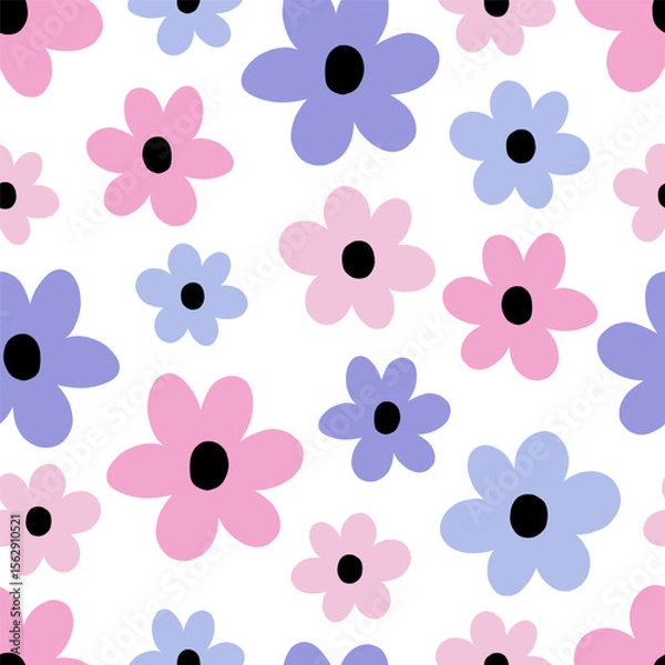 Fototapeta Seamless pattern with purple and pink flower. Cute hand drawn floral pattern for your fabric, summer background, wallpaper, backdrop, textile. Vector illustration