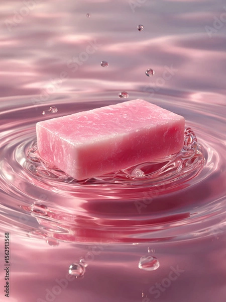 Fototapeta Pink Bar of Soap on Pink Water with Ripples / Minimal Spa Aesthetic