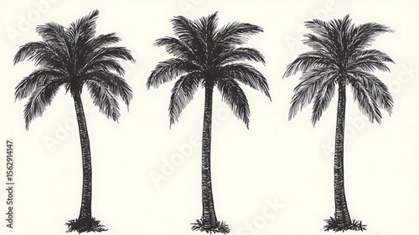 Obraz Pen and ink sketch of three palm trees hand drawn black isolated on white