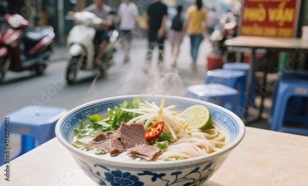 Fototapeta Vietnamese pho with herbs and beef served in Hanoi street stall with low table and bustling background
