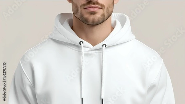 Fototapeta Close-up of a man wearing a blank white hoodie. Casual apparel mockup for branding or design print, isolated on a clean studio background for placing your logo or text.