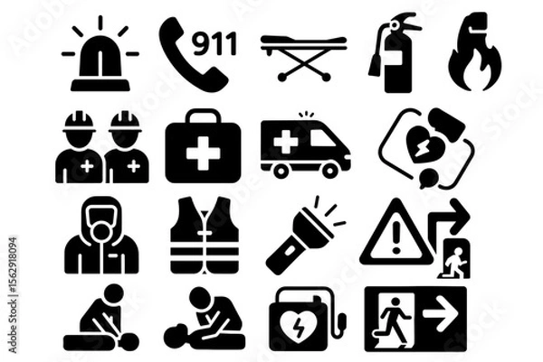 Obraz Emergency response icons: safety, medical, fire, and rescue symbols collection