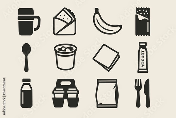 Obraz Food and drink icons: bottle, wrap, banana, snack bar, spoon, yogurt, napkin, container, fork, knife