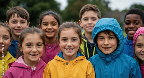 Fototapeta Group of diverse children in colorful rain jackets smiling outdoors. Multicultural education and outdoor learning for elementary school programs