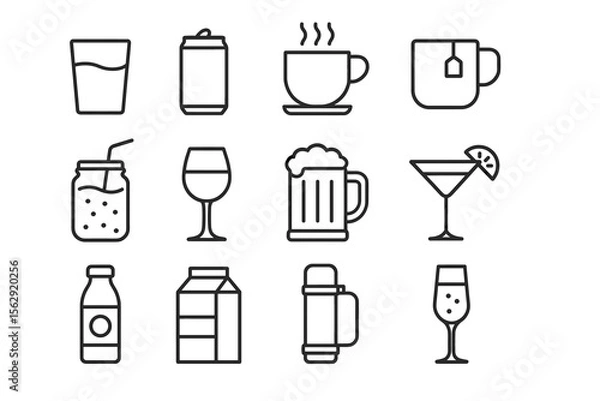 Fototapeta Assorted beverage icon set featuring coffee, tea, wine, juice, soda, and cocktails