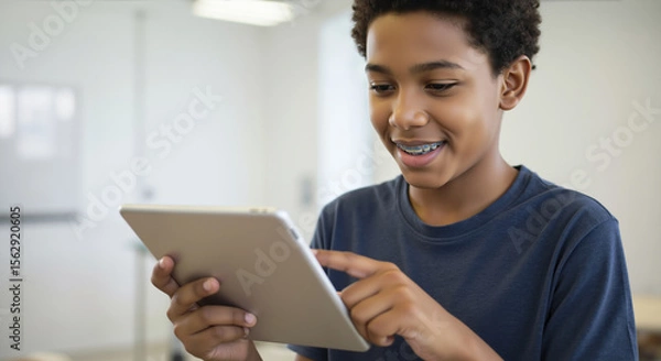Fototapeta Smiling African American boy with braces using tablet in bright classroom. Digital education and technology integration for diverse student learning programs