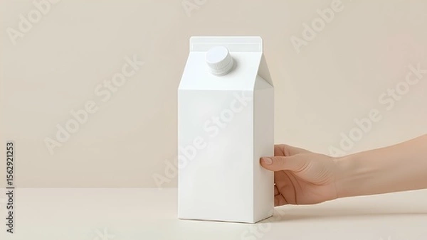 Fototapeta Hand holding a blank white milk or juice carton mockup. A versatile packaging template for product branding, isolated on a neutral beige background for design presentation
