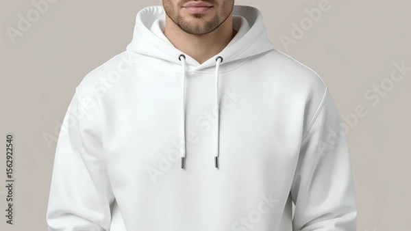 Fototapeta Close-up of a man wearing a blank white hoodie. Casual apparel mockup for branding or design print, isolated on a clean studio background for placing your logo or text.