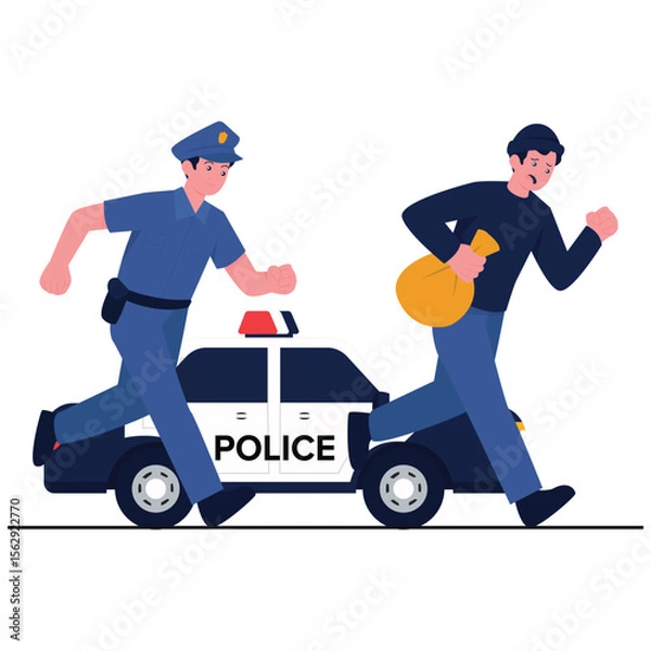 Fototapeta Emergency Services Illustration. Vector illustration of A police officer chases a suspect running away with a bag near a patrol car. Isolated on background