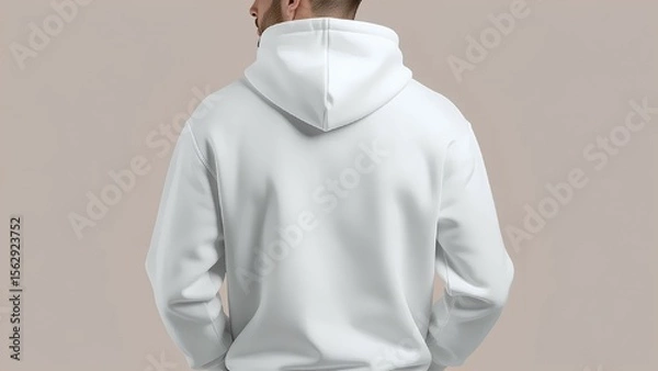 Fototapeta Back view of a man wearing a blank white hoodie. A versatile apparel mockup for branding and design placement, isolated on a clean, neutral background for your logo or text.
