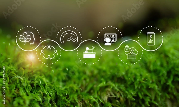 Obraz Digital wellbeing in workplace concept. Overlaid with icons representing digital wellbeing,  healthy work-life balance on green blackground. Promoting a healthy relationship with technology.