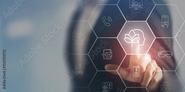 Obraz Digital wellbeing in workplace concept. Touching virtual screen with icons representing digital wellbeing, healthy work-life balance. Promoting a healthy relationship with technology.