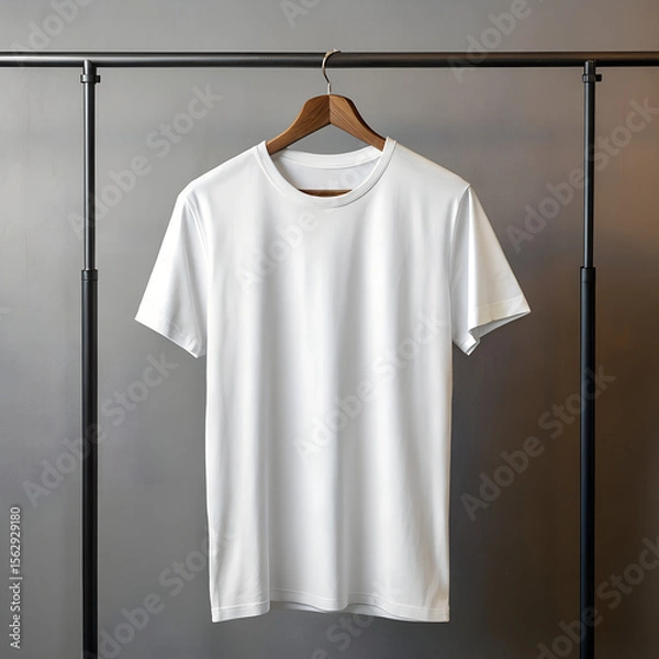 Obraz Blank white male t-shirt mockup, hanging loosely on a hanger, no model
