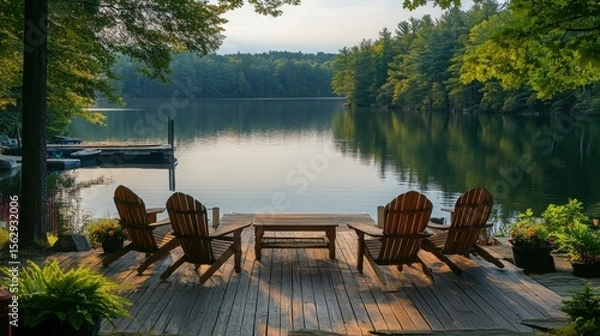 Obraz Tranquil lake view with wooden dock, adirondack chairs, and coffee table surrounded by nature at sunset