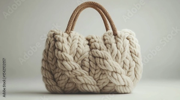 Obraz Stylish beige wicker beach bag with handkerchief accent on a light background perfect for summer outings