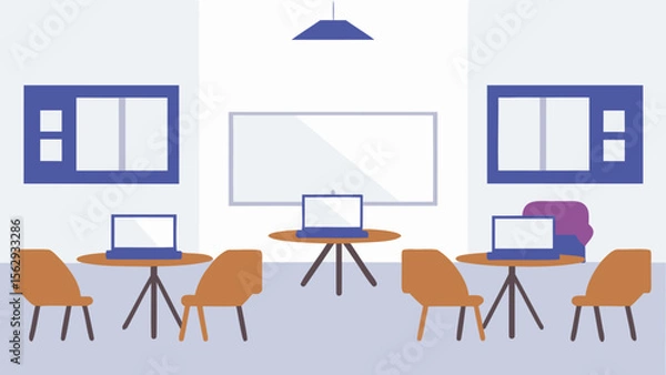 Fototapeta A brightly lit room with tables, chairs, laptops, and a whiteboard for collaborative work spaces