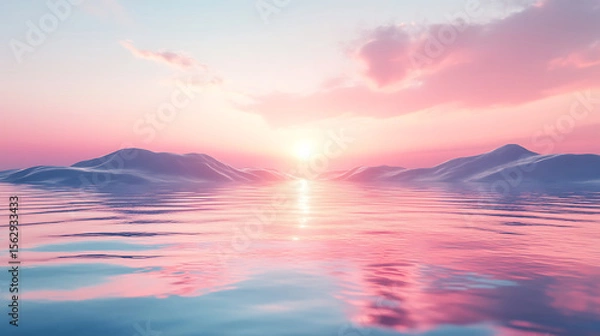 Obraz Pink sunset over water reflecting mountains and clouds in serene landscape image