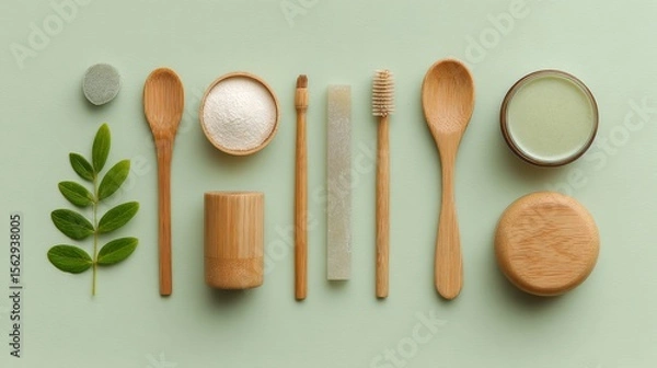 Fototapeta Top view of natural organic cosmetic items style and makeup tools on light green background