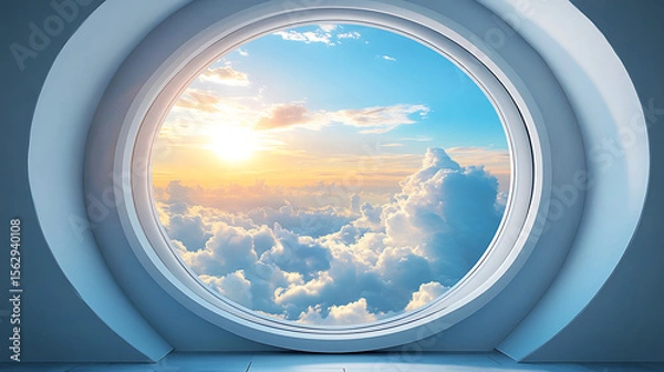 Fototapeta Porthole view of cumulus clouds at sunset serene sky through round window dreamy scenery peaceful atmosphere