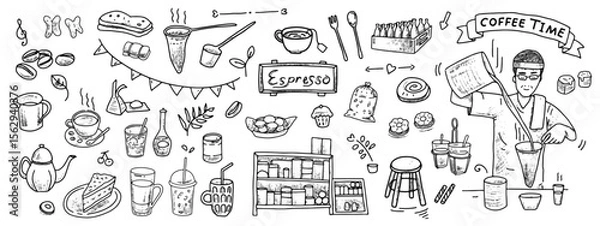 Fototapeta Coffee vector hand drawn set. Collections of doodle traditional cafe illustration. Morning hot drink cartoon objects isolate on background.