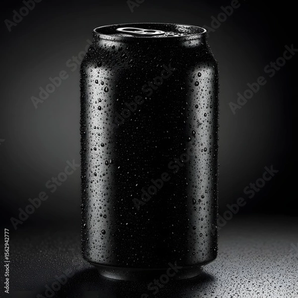 Fototapeta Stock photo of black soda can with water droplets on dark background