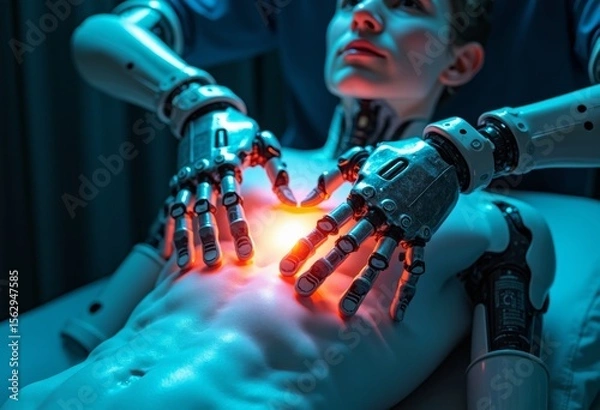 Obraz Close up of human body through mechanical palm perspective