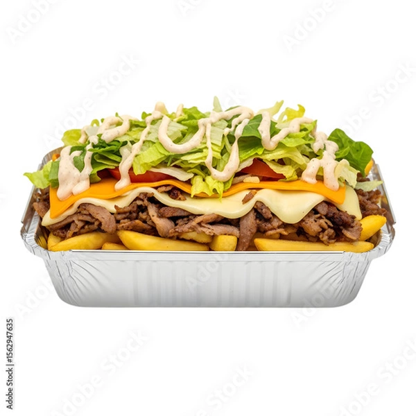 Obraz A Dutch Kapsalon Takeaway Dish with Layers of Fries Shawarma Cheese and Salad on isolated transparent background