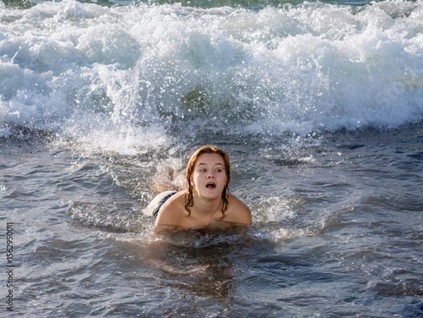 Fototapeta A young girl lying in the water on the shore opened her mouth in surprise and fear because of the foaming wave rolling over her from behind