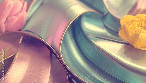 Fototapeta A close-up of colorful metallic ribbons intertwined with vibrant flowers.
