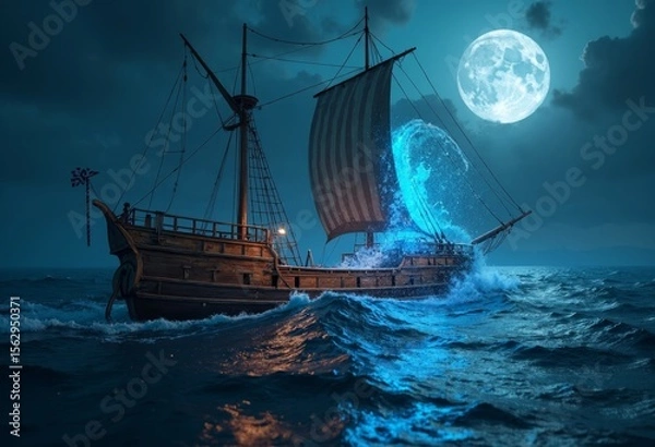 Obraz Moon Night Sailing Art Scene