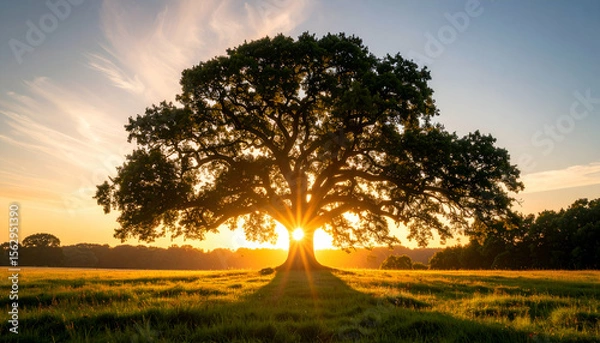 Fototapeta A majestic tree silhouetted against a sunset, casting a long shadow on grass.